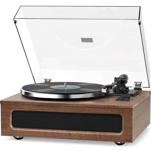 WOCKODER Turntable Built-in Four Speakers Vintage Vinyl Record Players HiFi Belt Drive System with Phono Preamp ATN-3600L MM Cartridge BT Wireless Aux-in RCA Line Out Auto Off Mahogany Brown Nostalgic