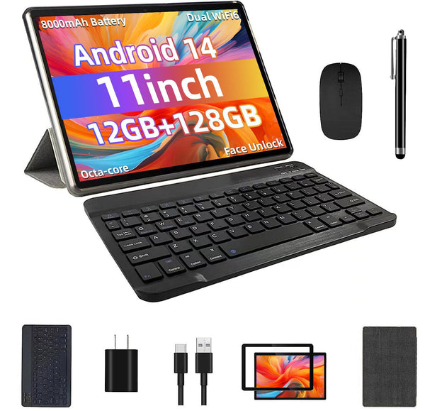 Android 14 Tablet, 12GB+128GB +1TB Expand, Face Unlock, 8000mAh Big Battery+18W Fast Charging, Dual Stereo Speakers, Octa-core CPU, WiFi6, BT5.0,Touchscreen Display, 11inch 2in1 Tablet PC Tableta