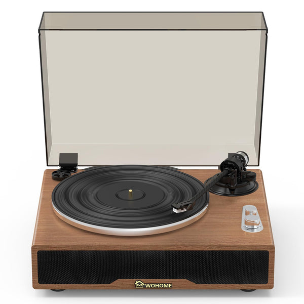 Wohome Belt Drive Turntable, Hi-Fi Vinyl Record Player with Magnetic Cartridge, 2 Speed, Bluetooth in/Out, Aux in/Out, and Auto Stop (Built-in 4 Speakers, Walnut)