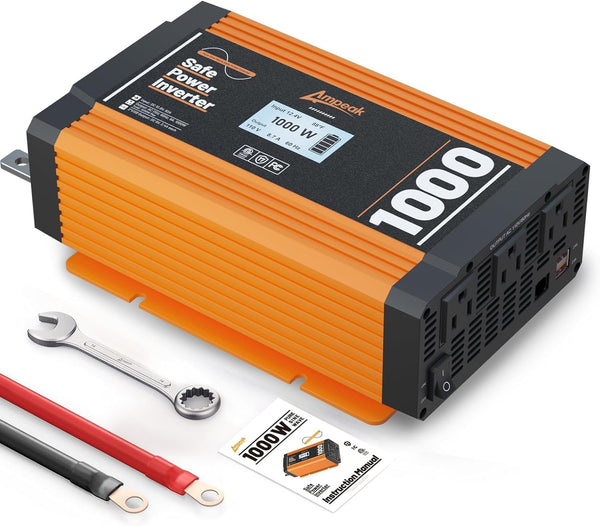 Ampeak Pure Sine Wave Inverter 1000W ETL Certified Power Inverter DC 12V to AC 120V 4.8A USB Ports 3AC Outlets for Hurricanes, Power Outages- 17 Protections