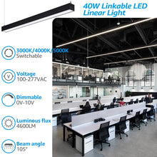 LEONLITE 4FT Linkable LED Linear Light, 3CCT 40W 3000K/4000K/5000K CCT Selectable, ETL Listed Dimmable Architectural LED Suspension Office Lighting Fixture, Matte Black Aluminum Housing, Pack of 4