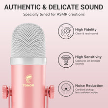 TONOR ASMR Microphone Equipment Bundle with Audio Interface, Immersive 3D Stereo Audio, Dual Condenser Mics with Audio Mixer, Clear Sound, Volume Control, with Furry Windscreens, Set for ASMR, Pink