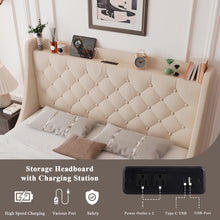 Feonase Upholstered Queen Bed Frame with 4 Storage Drawers, Charging Station and Tufted Wingback Storage Headboard, No Box Spring Needed, Easy Assembly, Beige