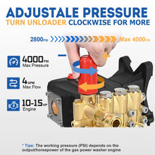 TOOLCY Pressure Washer Pump 3600-4000 PSI Max, 4 GPM Triplex Plunger Pressure Pump, Horizontal 1 inch Shaft Gas Power Washer Pump with Pressure Adjustment Unloader, Direct Drive