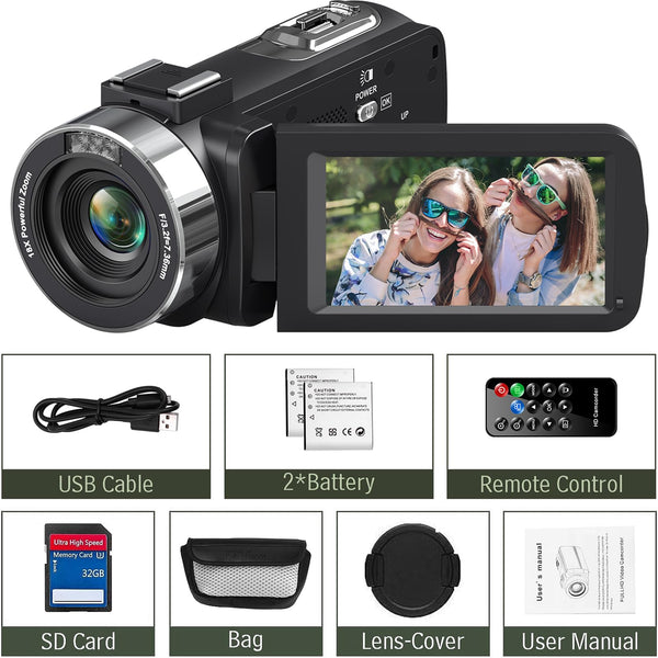 THPACIP Video Camera Camcorder 4K 48MP 30FPS with IR Night Vision,18X Digital Zoom Camera Recorder 3.0" LCD Touch Screen Vlogging Camera for YouTube with Controller, 32GB SD Card, 2 Batteries