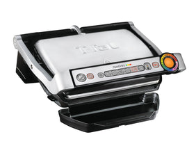 T-Fal OptiGrill Stainless Steel Electric Grill 4 Servings 6 Automatic Cooking Modes, Intelligent grilling rare to well-done 1800 Watts Nonstick Removable Plates, Dishwasher Safe, Indoor, Silver