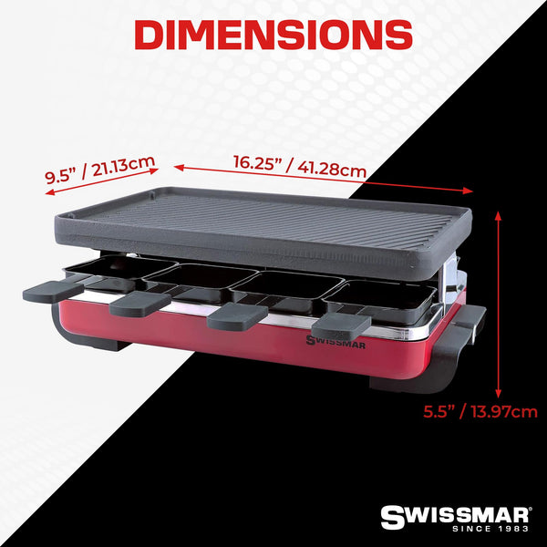 Swissmar Classic 8-Person Raclette Party Grill with Reversible Cast Iron Grill Plate/Crepe Top, Indoor Electric Raclette Grill & Griller - Red