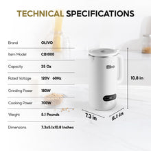 OLIVO CB1000 Automatic Nut Milk Maker - Almond, Cashew, Soy & Oat Milk Maker - Smoothie Blender - Soup Maker, 35 Oz, 9 Functions, 304 Stainless Steel, Safety Sensor, Spill-Proof, Easy Use (White)