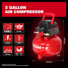 ECOMAX Air Compressor 3 Gallon 110 PSI Pancake Portable Oil-free Tank with 11 PCS Accessories Kit