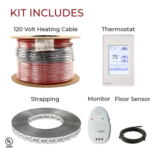 LuxHeat 50sqft Floor Heating Cable Kit - 120v Heated Flooring Under Tile - Heated Flooring System Includes UDG4 Programmable Thermostat w/GFCI, Under Floor Heating Cable, Strapping, Sensor & Alarm