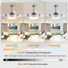 Retractable Ceiling Fan with Lights Remote Control, Dimmable 42 Inch Modern Fandelier Ceiling Fan for Bedroom Living Room Dinning Room, 3 Color, 6 Speed, Brushed Nickel