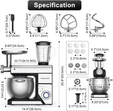 BAIGELONG 7-IN-1 Stand Mixer, 8.5Qt Food Mixer, 6+P Speeds Electric Mixer Kitchen Mixer with Dough Hook, Whisk, Beater, Meat Grinder, Blender, Splash Guard 9 Accessories for Most Home Cooks, Silver