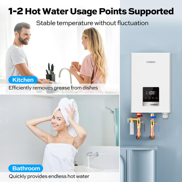 Tankless Water Heater Electric, ORBEK 11kW 240V, 1-2 Points of Use On Demand Instant Hot Water Heater, with LED Digital Display, ETL Certification, Self Modulating