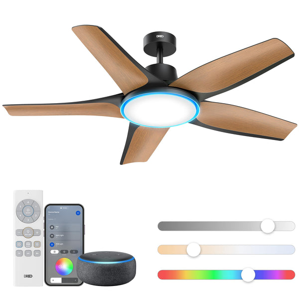 Dreo Smart Ceiling Fans with Lights, Low profile Ceiling Fan with Alexa/App, 52'' Dimmable Lighting & Color Tuning, RGB Ambient Light for Living Room, Game Room, Easy Installation, Quiet, Black