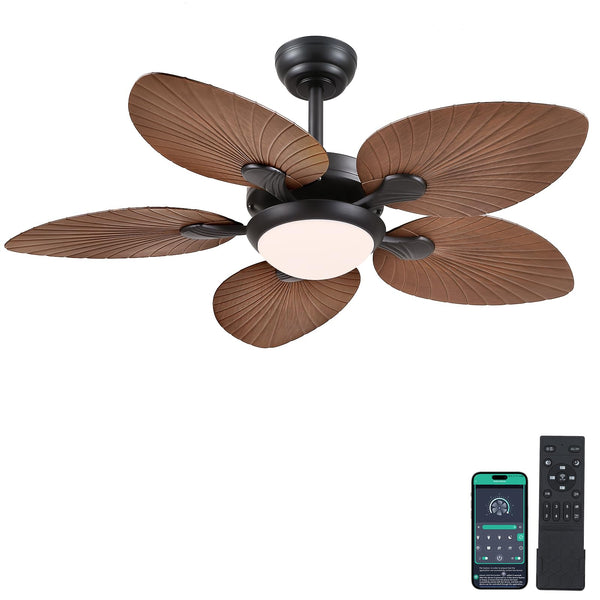 Wiviniya Ceiling Fans with Lights and Remote/APP Control, 44 Inch Tropical Palm Leaf Ceiling Fan with LED Lights, Outdoor Ceiling Fans for Patios Porch, Reversible Quiet Motor, Dimmable, Light Brown