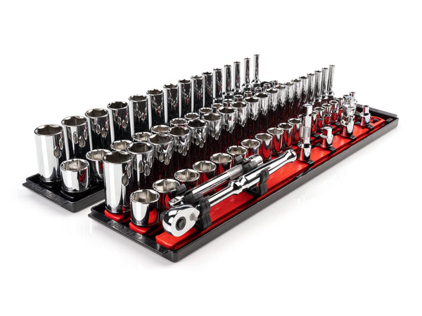 TEKTON 3/8 Inch Drive 6-Point Socket and Ratchet Set with Rails, 74-Piece (1/4-1 in., 6-24 mm) | SKT13301