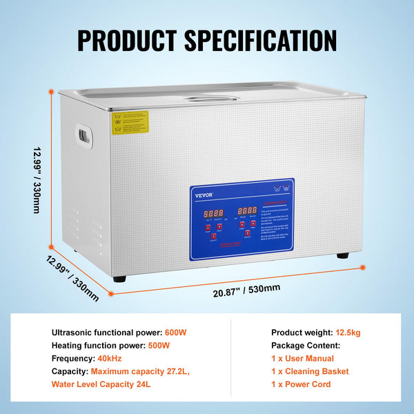 VEVOR 30L Ultrasonic Industrial Cleaner with Digital Timer&Heater 40kHz Professional Large Ultrasonic Cleaning Machine Total 1100W for Wrench Tools Industrial Parts Mental Instrument Apparatus