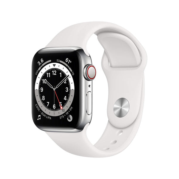 Apple Watch Series 6 (GPS + Cellular, 40mm) - Silver Stainless Steel Case with White Sport Band (Renewed)