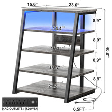 armocity 5-Tier AV Media Stand with Power Strips, Media Console with LED Lights, Audio Tower Rack with Adjustable Shelves, Stereo Stands and Racks, 40.8'', Grey Oak