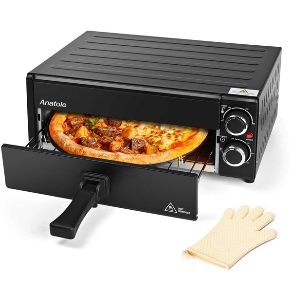 Anatole Electric Pizza Oven 12" 1800W Indoor Countertop Pizza Maker Time Temperature Adjustable Multifunctional Pizza Cooker with Removable Grill Crumb Tray ETL Certified