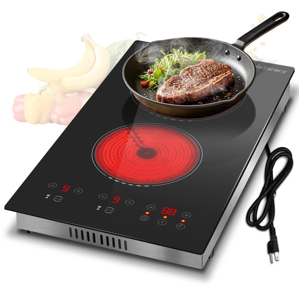 2 Burner Electric Cooktop 12 Inch, Nefaracy 110V Electric Stove with Touch Control, 2000W Ceramic Cooktop, Built-in & Countertop, Overflow Protection, Safety Lock, Timer(Plug in)