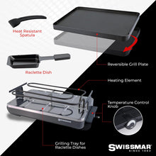 Swissmar Classic 8-Person Raclette Party Grill with Reversible Cast Aluminum Non-Stick Grill Plate/Crepe Top, Indoor Electric Raclette Grill & Griller - Black Grill Plate - Black