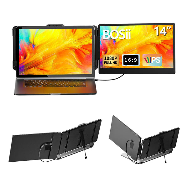 BOSII Laptop Screen Extender Monitor - 14 Inch Dual IPS FHD 1080P HDMI/USB-A/Type-C Extended Portable Monitor for Laptops (Maximum Length: 15.74") Compatible with Windows Mac Travel Work