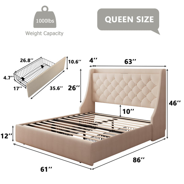 Feonase Upholstered Queen Bed Frame with 4 Storage Drawers, Charging Station and Tufted Wingback Storage Headboard, No Box Spring Needed, Easy Assembly, Beige