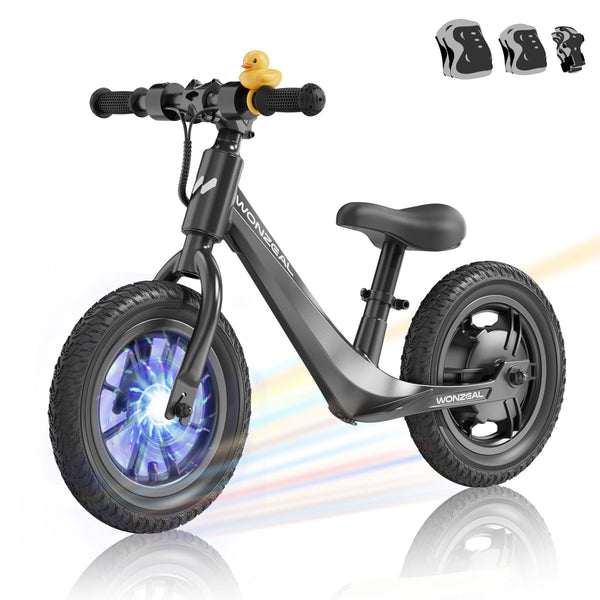 wonzeal Kids Balance Bike with Colorful Lighting for Ages 3-5, Toddler Balance Bikes with Adjustable Seat and Knee/Wrist/Elbow Pads, Boy Girls Birthday Toys.