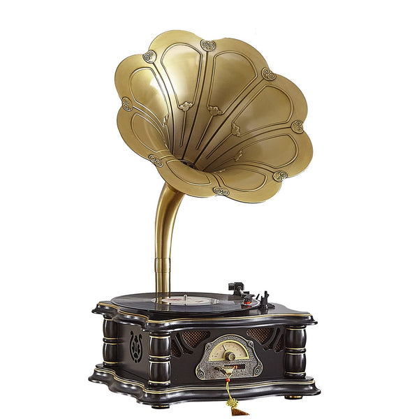 Wooden Vintage Gramophone Record Player, Retro Phonograph Record Player, Horn Vinyl Audio Turntables with FM/USB Audio in/Bluetooth Audio in for Home/Office/Hotel/Restaurant/Party/Birthday/Christams