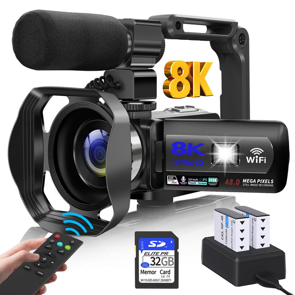 WIKICO Video Camera, 8K Camcorder 48MP Vlogging Camera for YouTube 18X Digital Zoom 3” Touch Screen with WiFi, External Mic, Fill Light, Remote Control, 32GB SD Card & 2 Batteries