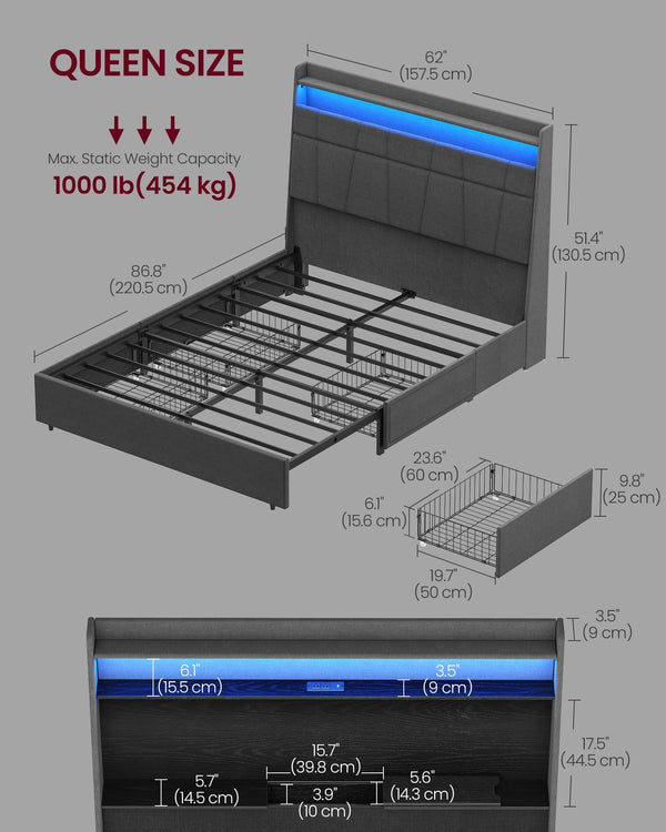 VASAGLE Queen Bed Frame with 51.4-Inch Tall Storage Headboard, Bed Frame Queen Size, with 4 Storage Drawers on Wheels, LED Lights, Charging Station, No Box Spring Needed, Modern, Dark Gray URMB891G02