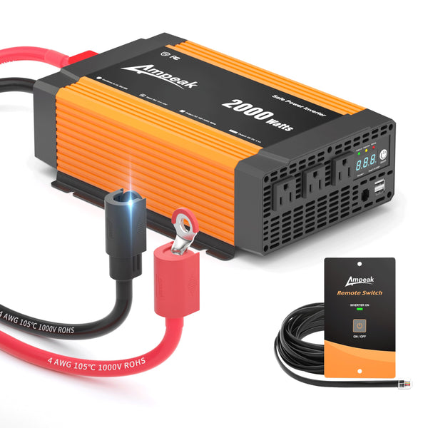 Ampeak 2000W Inverter with Anti-Spark Waterproof Cable Power Inverter Conversion Efficiency 89.37% Inverter 12V to 110V 3AC Outlets Dual 5V/3.1A USB Ports Modified Sine DC to AC Inverter for Vehicles