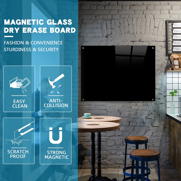 Magnetic Black Glass Board with Eraser Frameless Tempered Glass Dry Erase Blackboard with Marker Tray for Interactive Office, Wall Mounted Frosted Black Glass Board, 48" x 36"