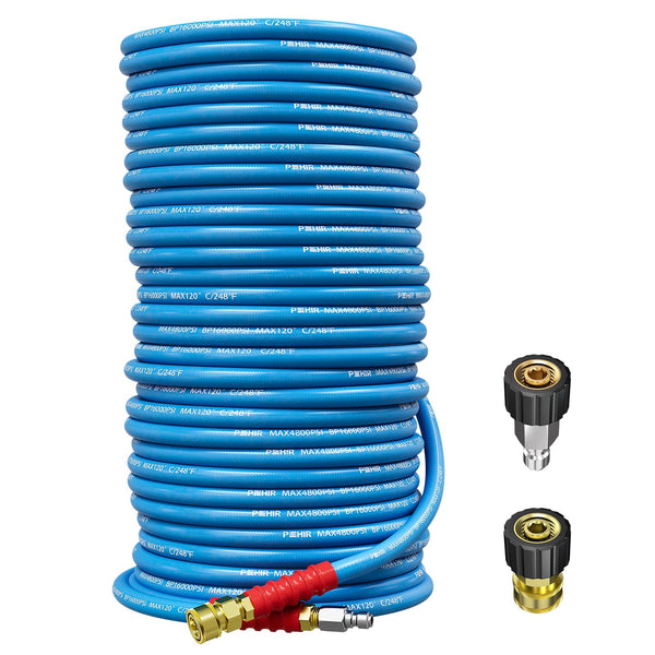 POHIR 150ft Pressure Washer Hose 3/8" 4800 PSI, Kink Resistant Industrial Grade Hose with Quick Connect Ends and Adapters for Hot & Cold Water up to 248°F, Steel Wire Braided Hose for Power Washing