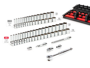 TEKTON 3/8 Inch Drive 6-Point Socket and Ratchet Set with Rails, 74-Piece (1/4-1 in., 6-24 mm) | SKT13301