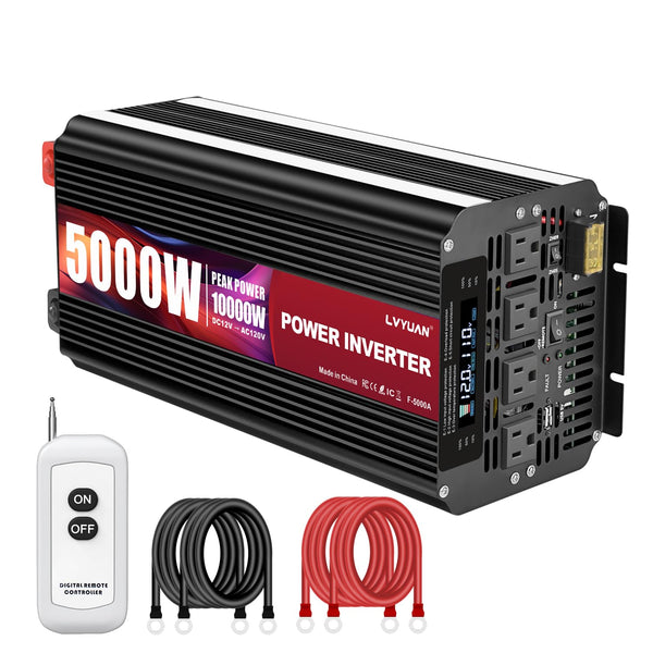 LVYUAN 5000 Watt Power Inverter 12V to 110V with 4 AC Outlets, LCD Display, Wireless Remote Control, Car Power Inverter for Heavy Duty, RV, Truck, Off Grid Solar System, Camping