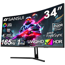 SANSUI 34-Inch Curved Gaming Monitor UWQHD 3440 x 1440 165Hz Curved 1500R - PIP/PBP, 1ms(MPRT), HDR, 300nits, sRGB 125%, DCI-P3 95%,FreeSync,HDMI x2,DP1.4 x2 (ES-G34C5 DP Cable Included)