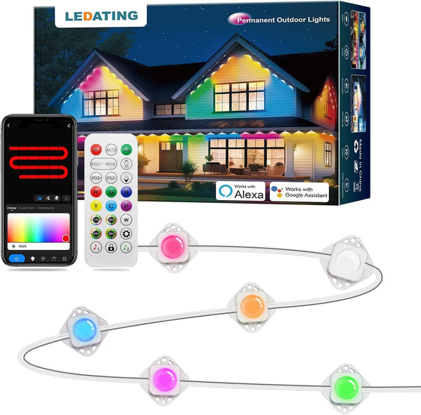 lemonmemory Permanent Outdoor Light-240ft with 176 LED IC+RGB and Warm White Eave Lights, App Control, Endless Themes for Christmas Lights, Works Work with Remote, Alexa, Google Assistant, White