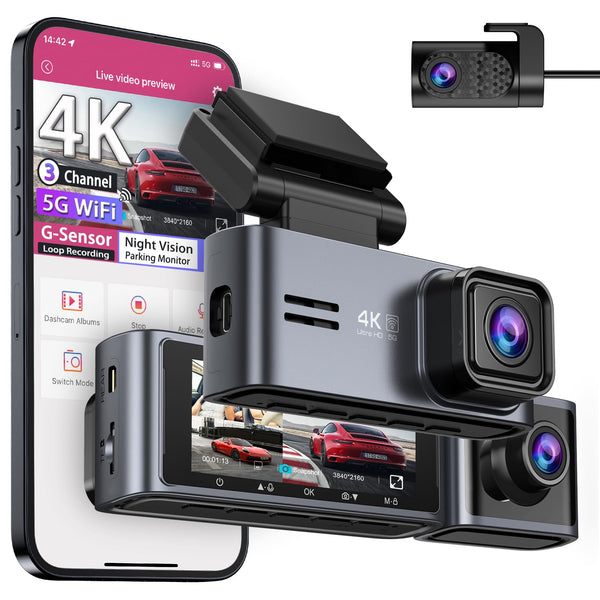 OMBAR Dash Cam 5G WiFi GPS, 3 Channel Dash Cam Front and Rear Inside 2K+1080P+1080P, 3.18" LCD Screen, 64GB Card Included, Dual Dash Camera for Cars 4K/2K/1080P+1080 P IR Night Vision, WDR, G-Sensor