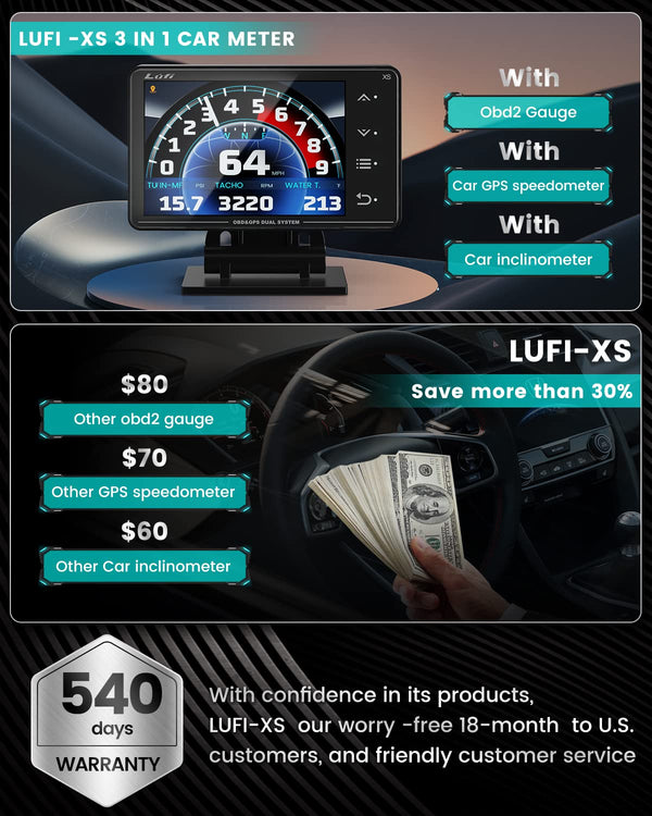 Lufi Xs Obd2 Gauge Display,car inclinometer, Boost Gauge, RPM Meter, Multifunction Heads up Display Cluster