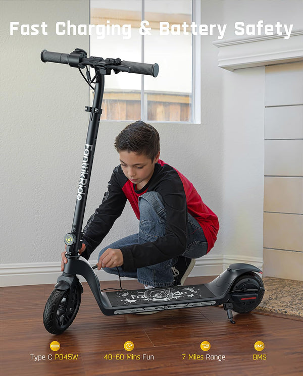 FanttikRide T10 Apex Electric Scooter for Kids 8-14, Adjustable Handlebar Height for Riders 4.3-5.6 ft, 154 lbs, Up to 40 mins Continuous Time, 3 Speed Mode 7/10/12 MPH, Bluetooth Music Speaker, Black