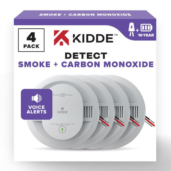 Kidde Hardwired Smoke & Carbon Monoxide Detector, 10-Year Battery Backup, Voice Alerts, Interconnectable LED Warning Light Indicators, 4 Pack