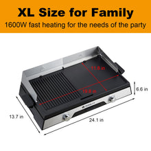 Tesslux XL Electric Indoor Grill, 20” Non-stick Griddle Combo, 1600W Fast Heating, Dual Temperature Control, Detachable for Easy Cleaning