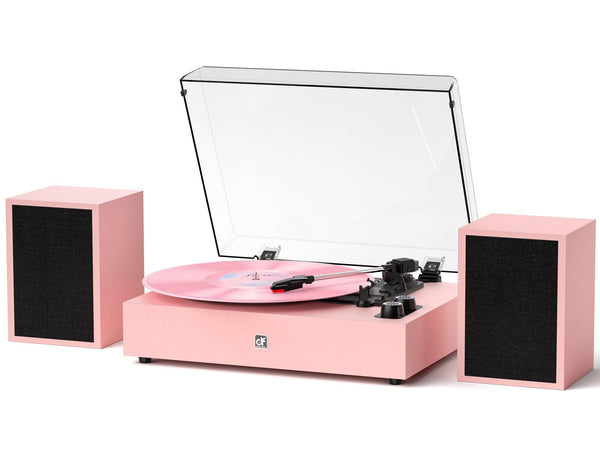 Vinyl Record Player with External Speakers, Wireless Bluetooth 3 Speed Vintage Record Player and Speakers Retro Turntable with Stereo Speakers, RCA-Out and AUX-in,Pink