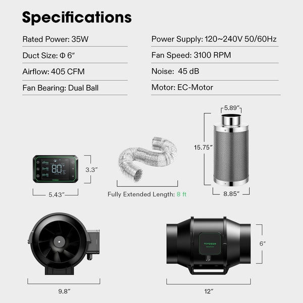 VIVOSUN Smart Air Filtration PRO S6 Kit 6", AeroZesh S6 Inline Duct Fan w/GrowHub E42A Temp. Humidity WiFi-Controller, Carbon Filter & Ducting, Cooling & Ventilation System for Grow Tent, Hydroponics