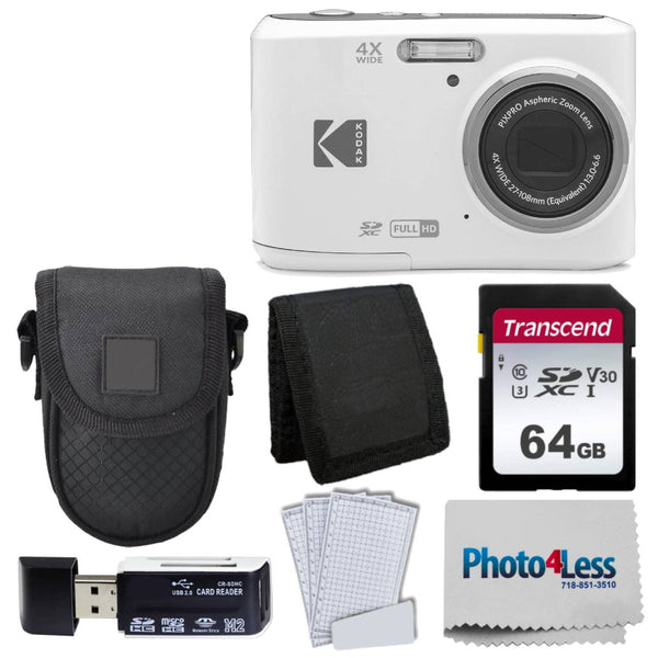 Kodak PIXPRO FZ45 Digital Camera + Black Point & Shoot Camera Case + Transcend 64GB SD Memory Card + Tri-fold Memory Card Wallet + Hi-Speed SD USB Card Reader + More! (White)