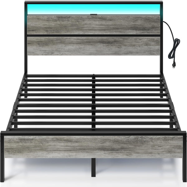 Rolanstar Bed Frame with Charging Station, Full Bed with LED Lights Headboard, Metal Platform, Strong Metal Slats, 10.2” Under Bed Storage, No Box Spring Needed, Noise Free, Light Grey