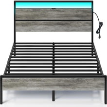 Rolanstar Bed Frame with Charging Station, Full Bed with LED Lights Headboard, Metal Platform, Strong Metal Slats, 10.2” Under Bed Storage, No Box Spring Needed, Noise Free, Light Grey