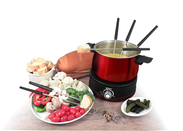 Swissmar Arolla 10 Pieces Stainless Steel Electric Fondue Set - Perfect Fondue Pot Electric Set for Cheese, Chocolate, Oil, Broth & More - Gift Ideas for Wedding, House Warming, Red, 2.1 Qt / 2L